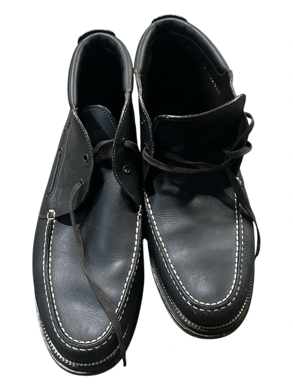 Louis Vuitton Black Leather Chukka Boots with White Stitching